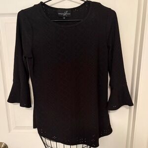 Lexington Avenue Women's Medium Black Eyelet Bell Sleeve Blouse Top